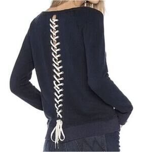 A5 NEW PAM & GELA Navy Cotton Lace Up Back Long Sleeve Sweatshirt Size P